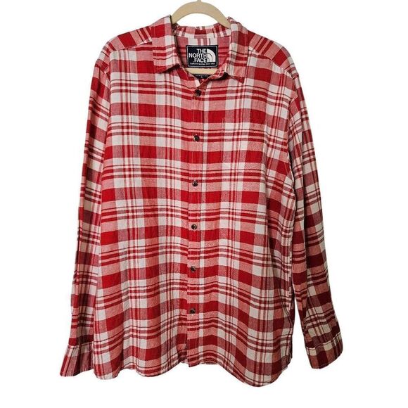 The North Face mens red/cream plaid linen & cotton button down shirt.  Size XL. - Picture 1 of 4